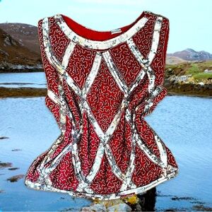 Vintage red silk hand beaded sequined sleeveless top M